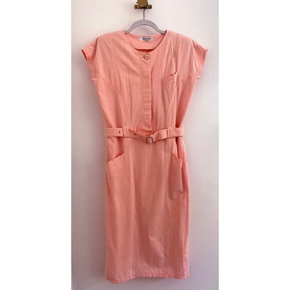 ๐ธ Vintage Veeko Super Style Peach Belted Dress - With Shoulder Pads! - Size S - Picture 3 of 10